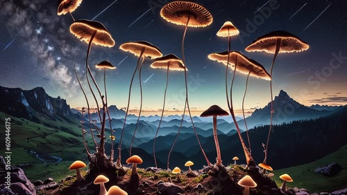 Glowing liberty cap magic mushrooms dissolve in dawn, a.i. generated photo