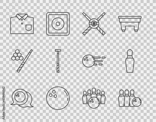 Set line Bowling ball, pin and, Crossed billiard cues, shirt, Billiard, and icon. Vector
