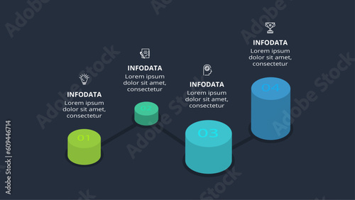 3d concept for infographic with 4 steps, options, parts or processes. Template for web on a black background.