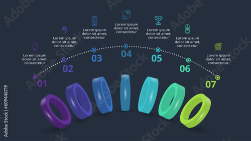 3d concept for infographic with 7 steps, options, parts or processes. Template for web on a black background.
