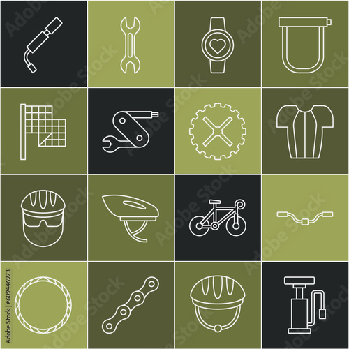 Set line Bicycle air pump, handlebar, Cycling t-shirt, Smart watch, Swiss army knife, Checkered flag, and sprocket crank icon. Vector