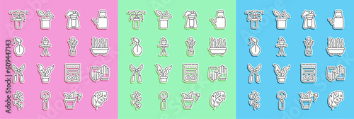 Set line Tropical leaves, Rubber gloves, Plant in pot, on stand, table, Water spray bottle, Exotic tropical plant and Flower glass icon. Vector