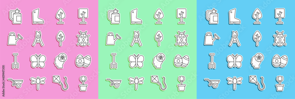 Set line Flower tulip in pot, Easter egg, Ladybug, Forest, Gardening handmade scissors, Watering can, sprayer for fertilizer and icon. Vector Set line Flower tulip in pot, Easter egg, Ladybug, Forest, Gardening handmade scissors, Watering can, sprayer for fertilizer and icon. Vector