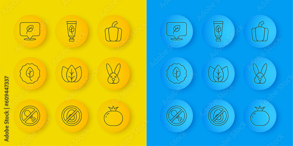 Set line No meat, Leaf or leaves, Tomato, Animal cruelty free, Vegan food diet, Bell pepper and Organic cosmetic icon. Vector