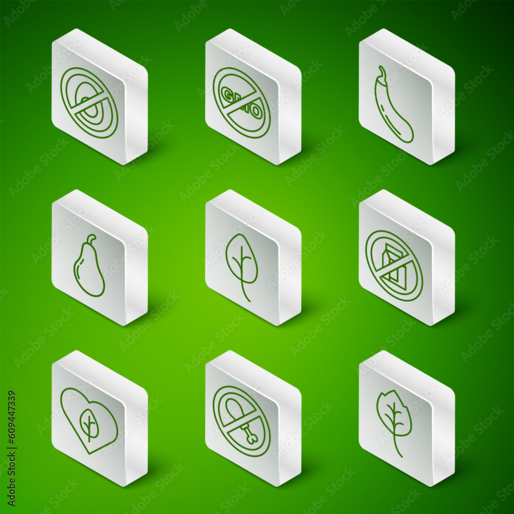 Set line Leaf or leaves, No meat, Pear, GMO, Vegan food diet and pack of milk icon. Vector Set line Leaf or leaves, No meat, Pear, GMO, Vegan food diet and pack of milk icon. Vector