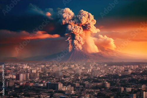 Ejection of ash from a volcano on the background of the city, a volcano that is close to populated areas, generative AI.