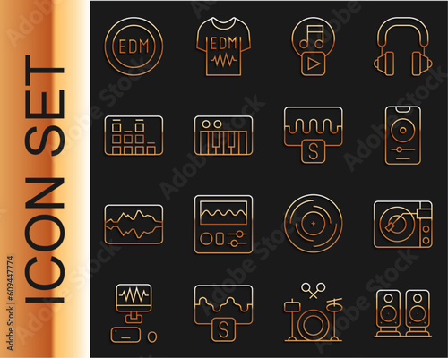 Set line Stereo speaker, Vinyl player with vinyl disk, Music, Play square, synthesizer, equalizer, EDM electronic dance music and wave icon. Vector