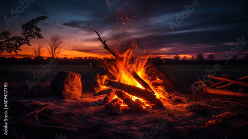Photography of a campfire sunset in the background. IA generative. © Moon Project