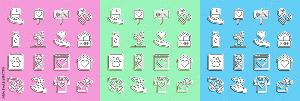 Set line Heart with dog, Shelter for homeless, Free delivery, Help sign, Volunteer team planting trees, Bottle of water, Book donation and hand icon. Vector Set line Heart with dog, Shelter for homeless, Free delivery, Help sign, Volunteer team planting trees, Bottle of water, Book donation and hand icon. Vector