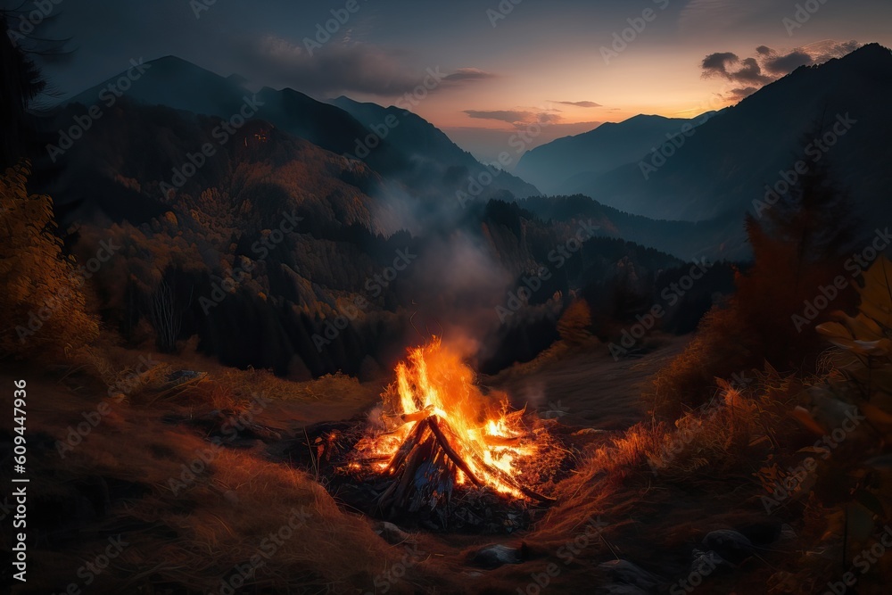 Fire in the mountains at night,generative AI.