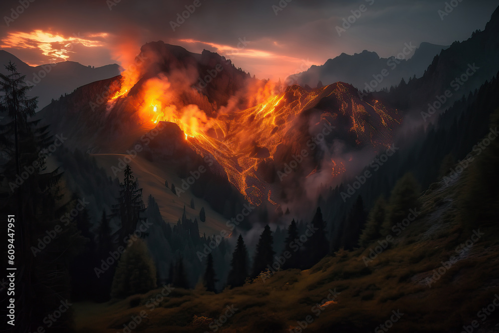Fire in the mountains at night,generative AI.