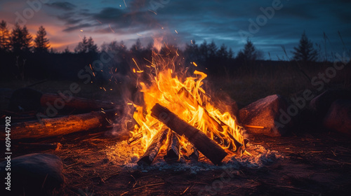 Photography of a campfire sunset in the background. IA generative.