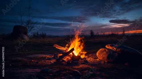 Photography of a campfire sunset in the background. IA generative.