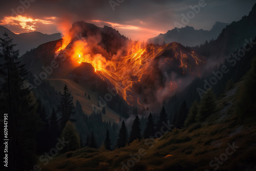 Fire in the mountains at night,generative AI. © Niko_Dali
