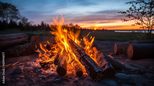 Photography of a campfire sunset in the background. IA generative.