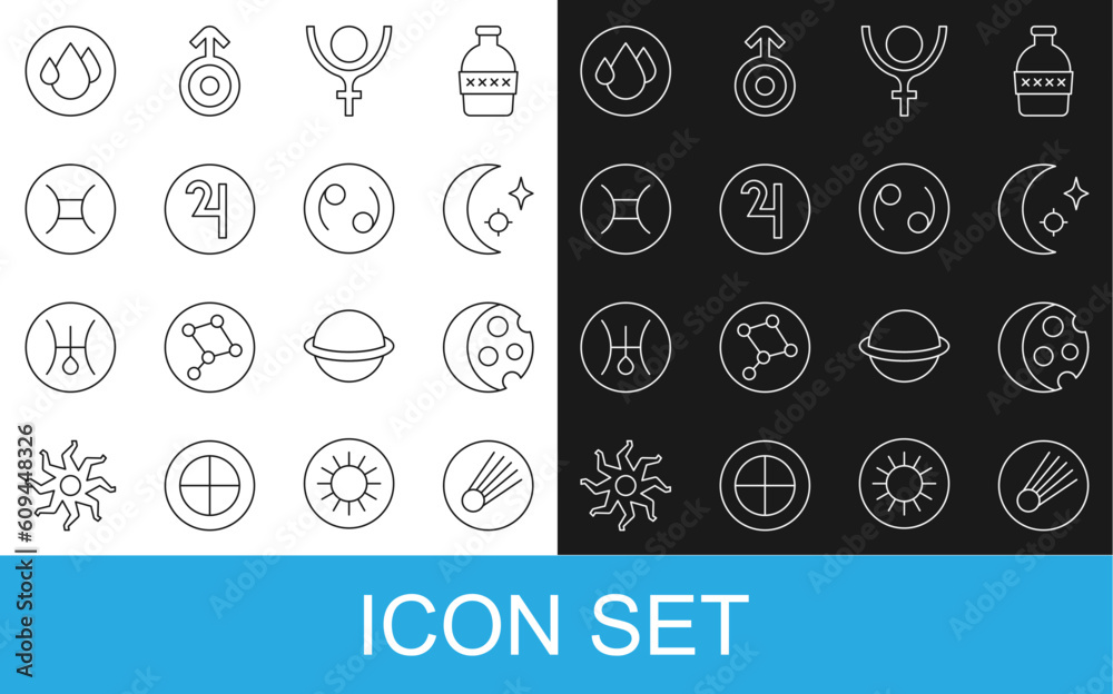 Set line Comet, Eclipse of the sun, Moon and stars, Symbol Pluto, Jupiter, Gemini zodiac, Water drop and Cancer icon. Vector