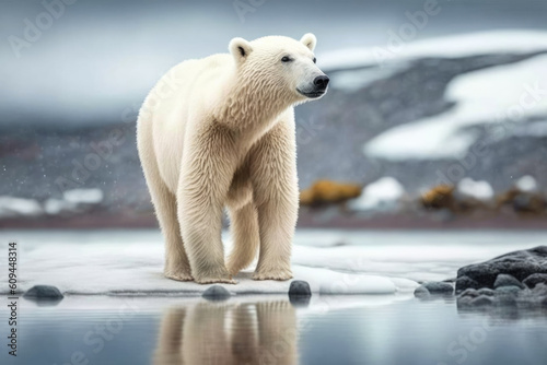 A polar bear in search of food  an animal under threat of extinction due to global warming  generative AI.