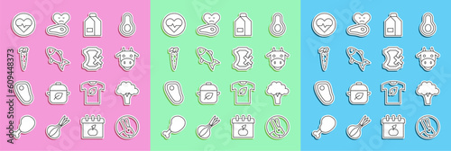 Set line Rabbit, Broccoli, Cow head, Paper package for milk, Fish, Carrot, Heart rate and No leather icon. Vector