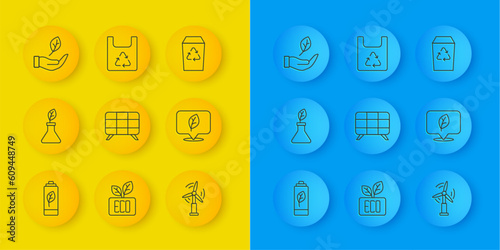 Set line Eco nature leaf battery, Plant breeding, Solar energy panel, Wind turbine, Location with, Leaf hand, Recycle and Shopping bag recycle icon. Vector