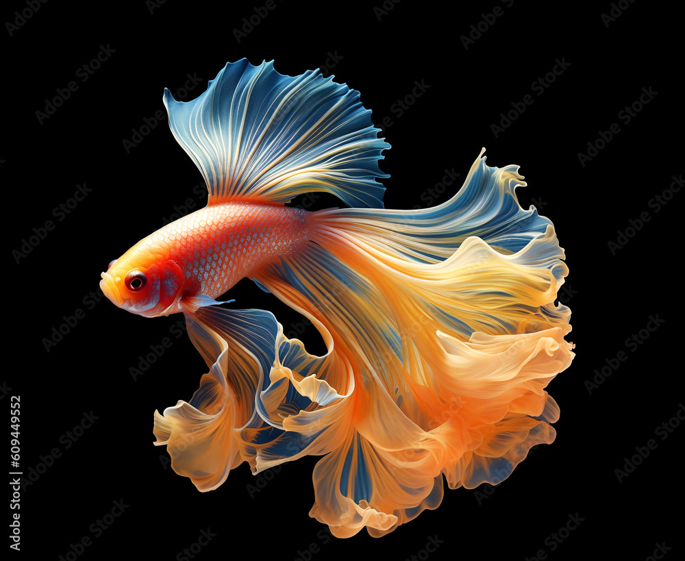 © Ron Dale - Betta gold fish. Colorful fighting Siamese fish with beautiful flower tail and fins isolated on black. Amazing exotic floral tropical goldfish ai generated illustration © Ron Dale - Betta gold fish. Colorful fighting Siamese fish with beautiful flower tail and fins isolated on black. Amazing exotic floral tropical goldfish ai generated illustration