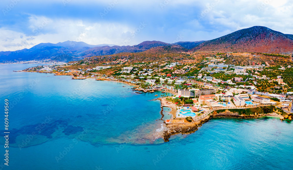 Obraz na płótnie Hersonissos town aerial panoramic view in Crete, Greece w salonie