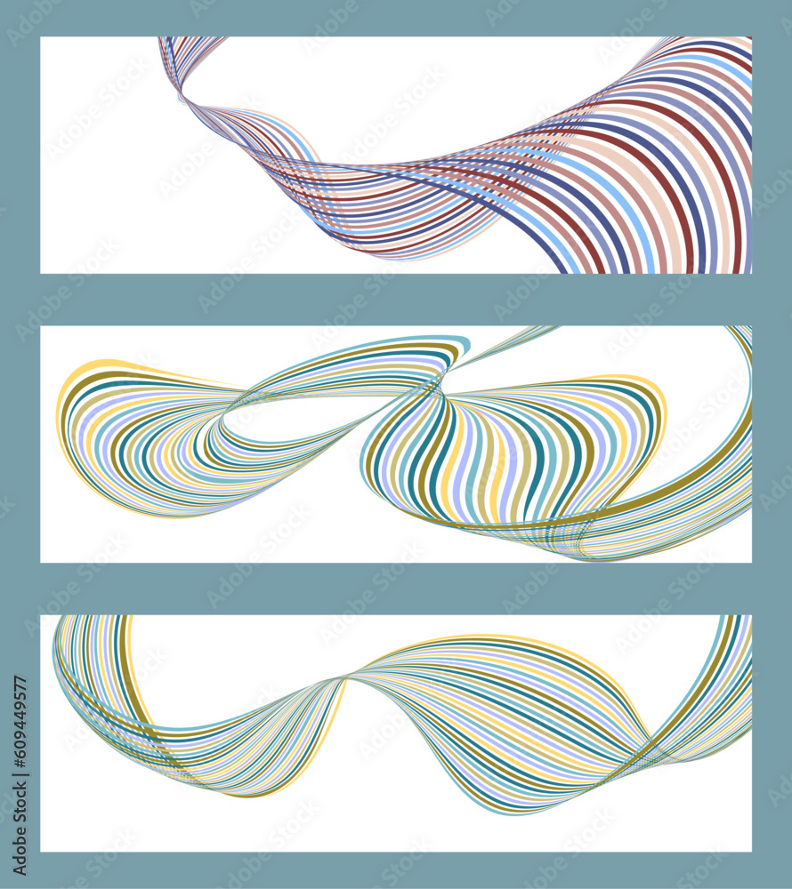 Wavy lines or ribbons. Set of 3 backgrounds. Multicolored striped gradient. Creative unusual background with abstract gradient wave lines to create a trendy banner, poster. vector eps Wavy lines or ribbons. Set of 3 backgrounds. Multicolored striped gradient. Creative unusual background with abstract gradient wave lines to create a trendy banner, poster. vector eps