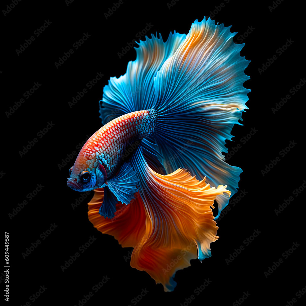 Betta flower fish. Colorful fighting Siamese fish with beautiful flower tail and fins isolated on black. Amazing exotic floral tropical fish ai generated illustration