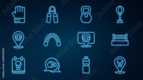 Set line Boxing glove, ring, Weight, Mouth guard boxer, helmet, MMA, and Sport expander icon. Vector
