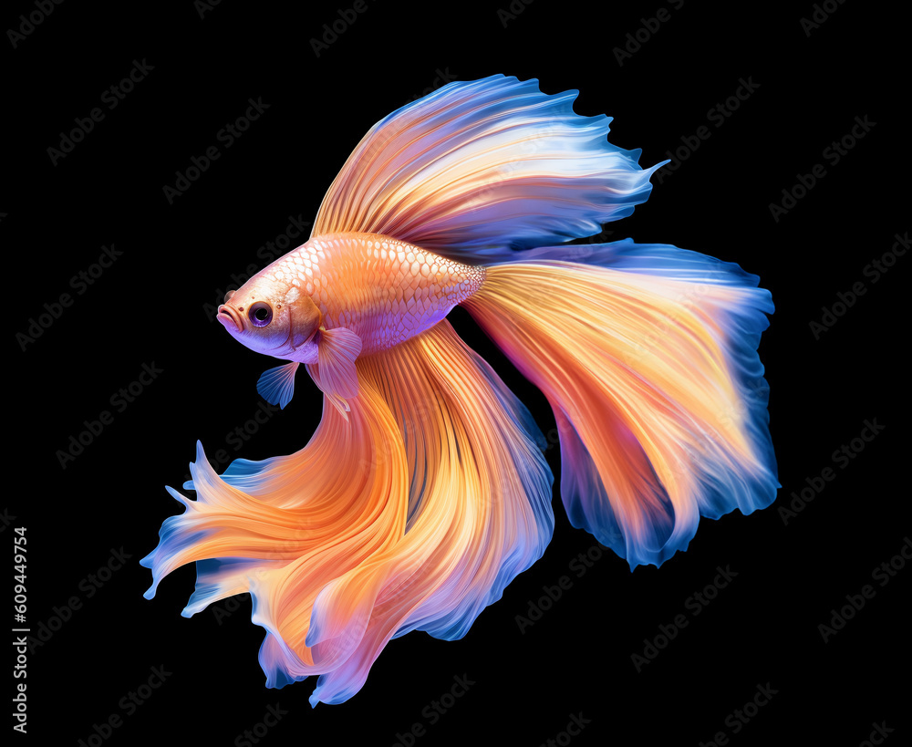 Fototapeta premium Iridescent betta fish. Multicolor fighting Siamese fish with beautiful flower tail and fins isolated on black. Amazing exotic floral tropical fish ai generated illustration