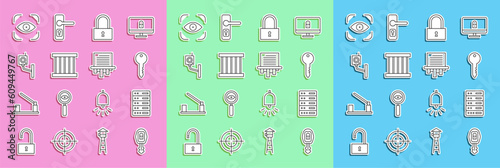 Set line Car key with remote, Server, Data, Web Hosting, Key, Lock, Prison window, Security camera, Eye scan and Paper shredder icon. Vector