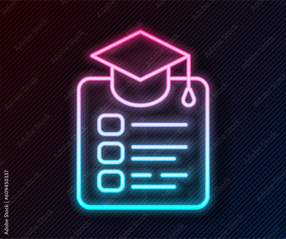 Glowing neon line Online education and graduation icon isolated on black background. Online teacher on monitor. Webinar and video seminar learning. Vector Glowing neon line Online education and graduation icon isolated on black background. Online teacher on monitor. Webinar and video seminar learning. Vector