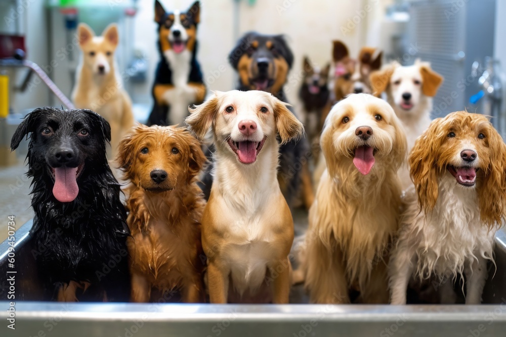 Portraying dogs of different breeds being playfully washed and dried in a daycare spa setting, emphasizing cleanliness and socialization. Generative AI - obrazy, fototapety, plakaty 
