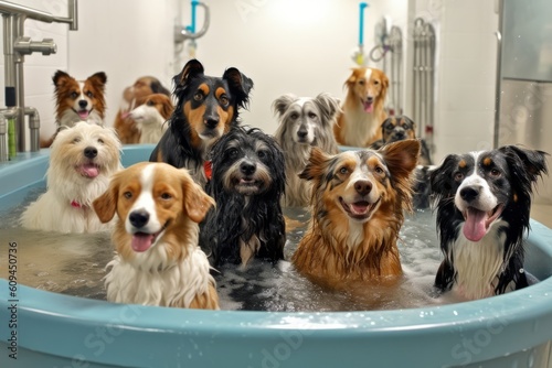 Portraying dogs of different breeds being playfully washed and dried in a daycare spa setting, emphasizing cleanliness and socialization. Generative AI photo