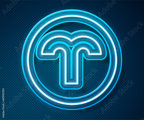 Glowing neon line Aries zodiac sign icon isolated on blue background. Astrological horoscope collection. Vector