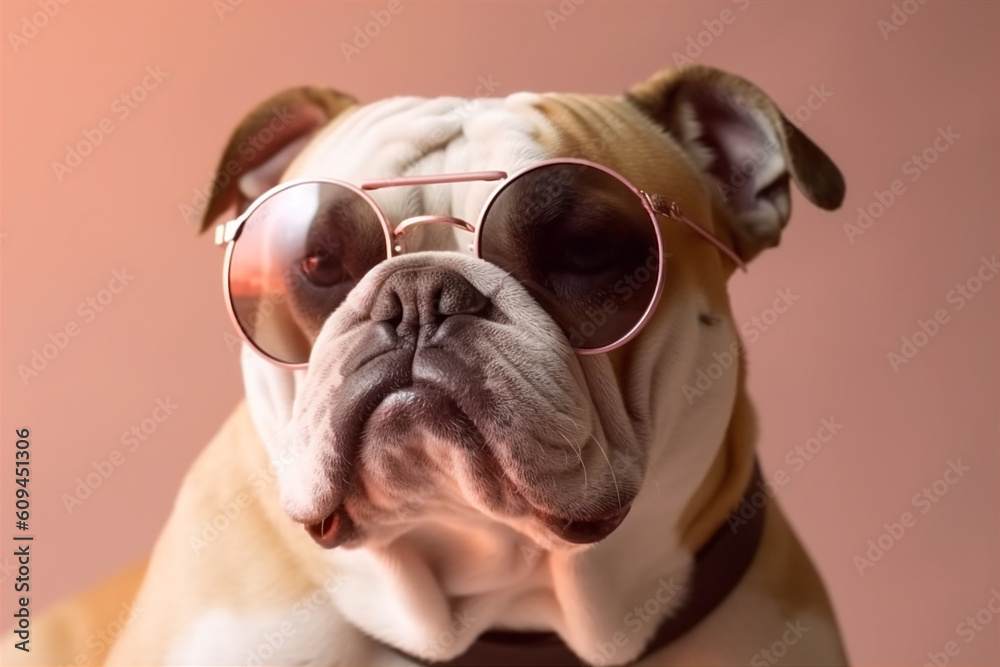 Cute bulldog, puppy dog wearing color shades sunglass eyeglass isolated on retro pink background. AI generated.