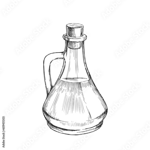 Vector vintage illustration of an oil bottle in the style of an engraving. A hand-drawn glass jug isolated on a white background.