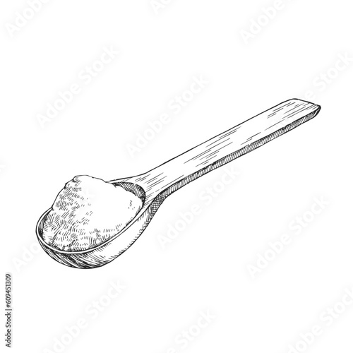 Vector hand-drawn illustration of a wooden spoon with flour. Sketch of a scoop with white bulk ingredient.