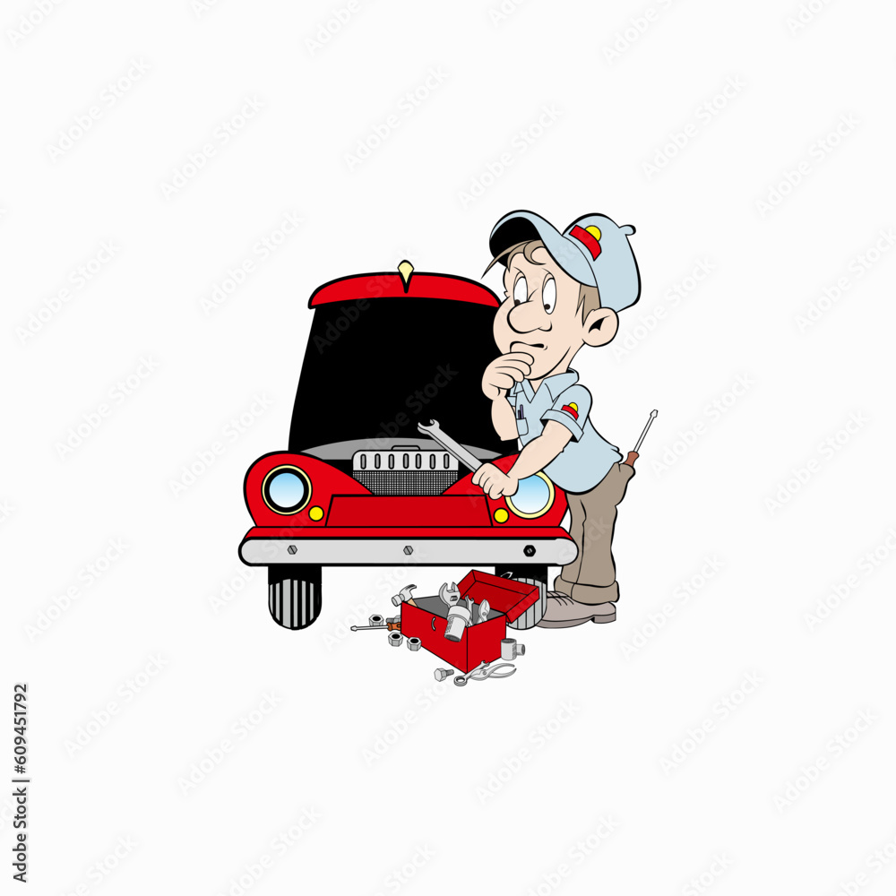 Naklejka premium Cartoon car repair mechanic holding keys