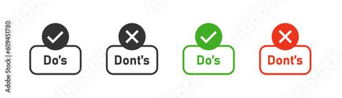 Do's and dont's badge icon on light background. Positive, negative symbol. Instruction, green correct, red mistake. Outline, flat and colored style. Flat design. Vector illustration