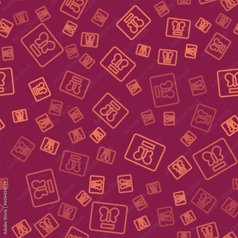 Brown line Butterfly in a frame icon isolated seamless pattern on red background. Herbarium. Vector Brown line Butterfly in a frame icon isolated seamless pattern on red background. Herbarium. Vector