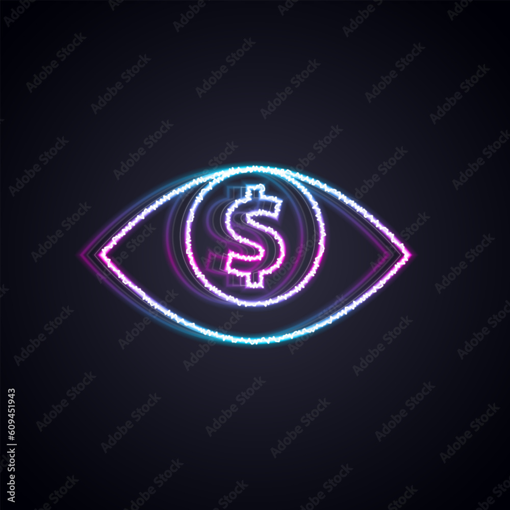 Glowing neon line Eye with dollar icon isolated on black background. Vector