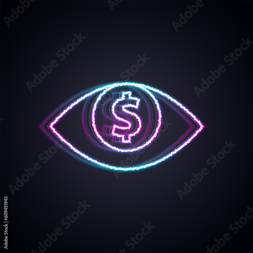 Glowing neon line Eye with dollar icon isolated on black background. Vector