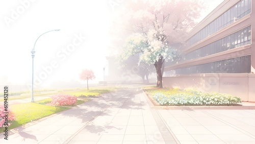 The atmosphere in front of a high school or university building summer school opening watercolor background by generative ai