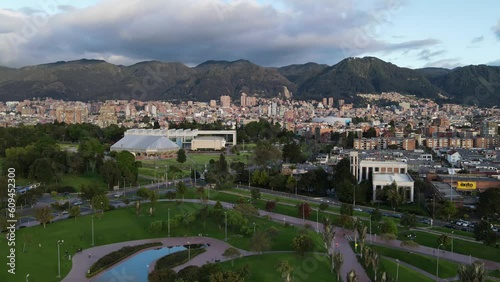 Beautiful Park. Bogota Colombia. Panoramic view of the city from the Virgilio Barco Library in the direction of the eastern hills. buildings and vehicle traffic. From Caracas Avenue. photo