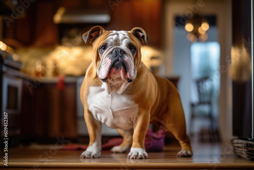 Bulldog in kitchen. Generative AI