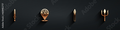 Set Medieval sword, Minotaur labyrinth, spear and Neptune Trident icon with long shadow. Vector