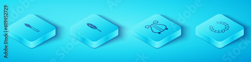Set Isometric Medieval spear, Feather pen, Laurel wreath and Ancient lyre icon. Vector