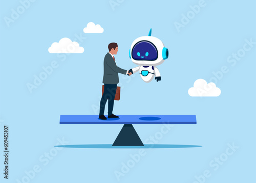 Businessman and robot handshake with success negotiation over balance seesaw. Negotiation for technology, agreement, merger and acquisition. Flat vector illustration.