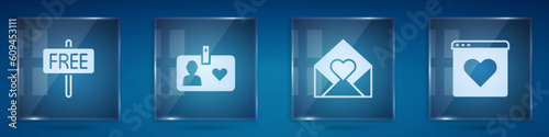 Set Free sign, Volunteer id card or badge, Envelope with Valentine heart and Dating app online. Square glass panels. Vector