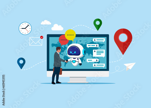 Online conclusion of the transaction, the opening of a new startup. Business human and rohandshake, via screen computer. Vector illustration in a flat style.